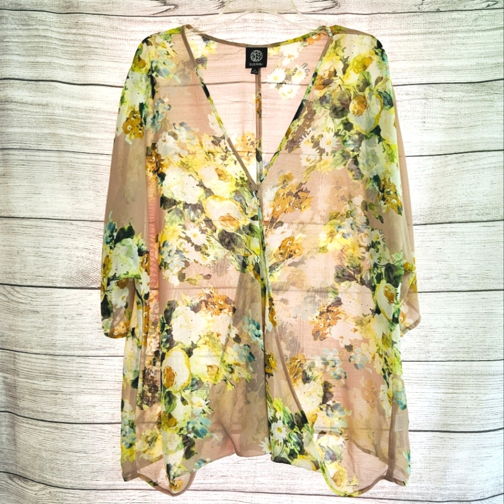 Bobeau 1X Sheer Floral Boho Wrap Blouse Layering Kimono